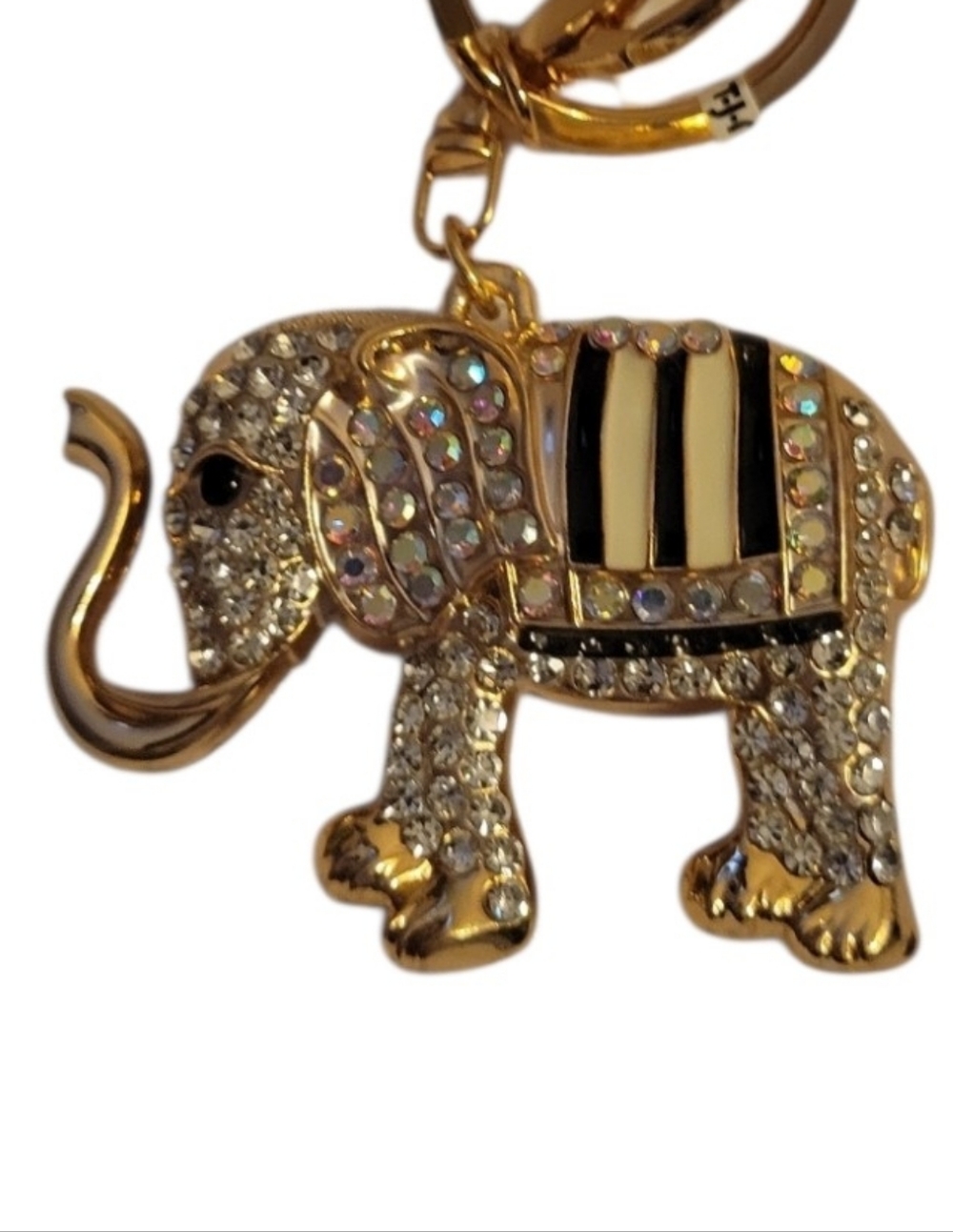 NWT Natasha Gold Elephant‎ Charm/Keychain, Black & Cream Enamel Accents, Bling
